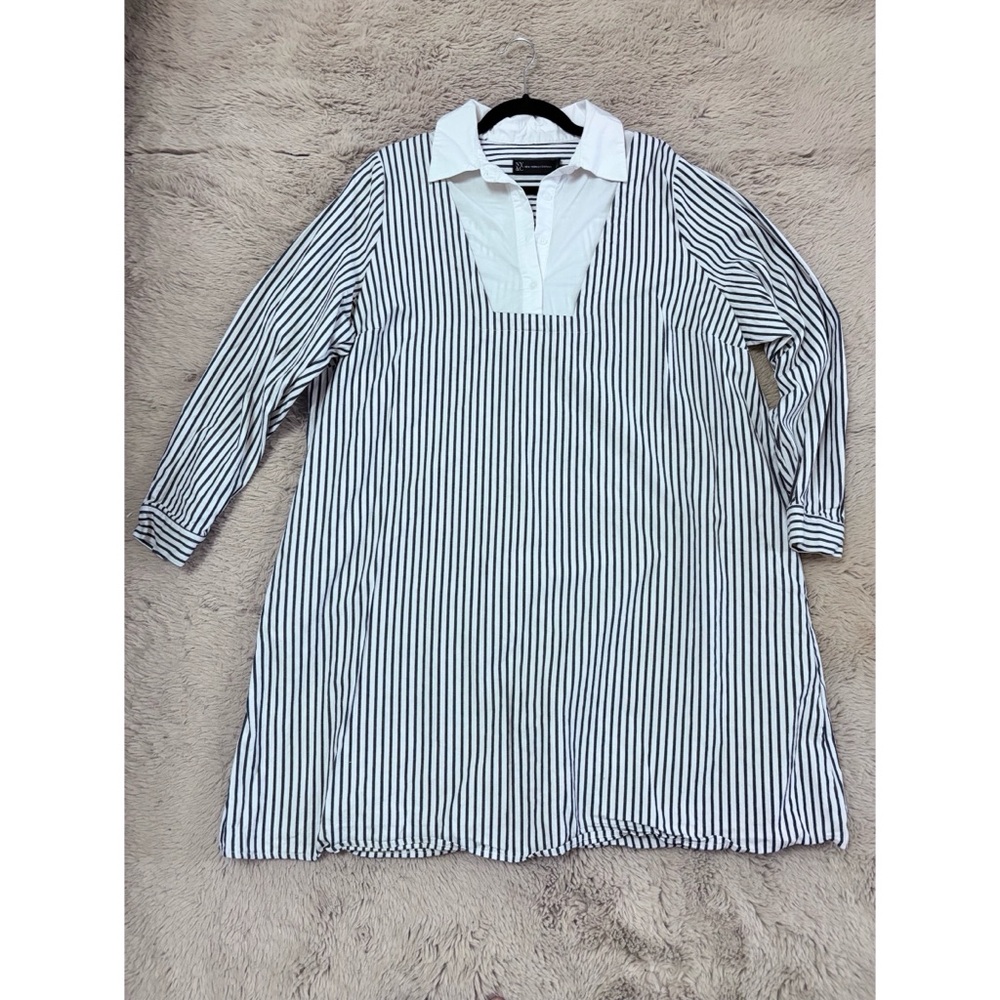 New York & Company Women’s Black and White Striped Polo Midi Dress 1X w/ Pockets